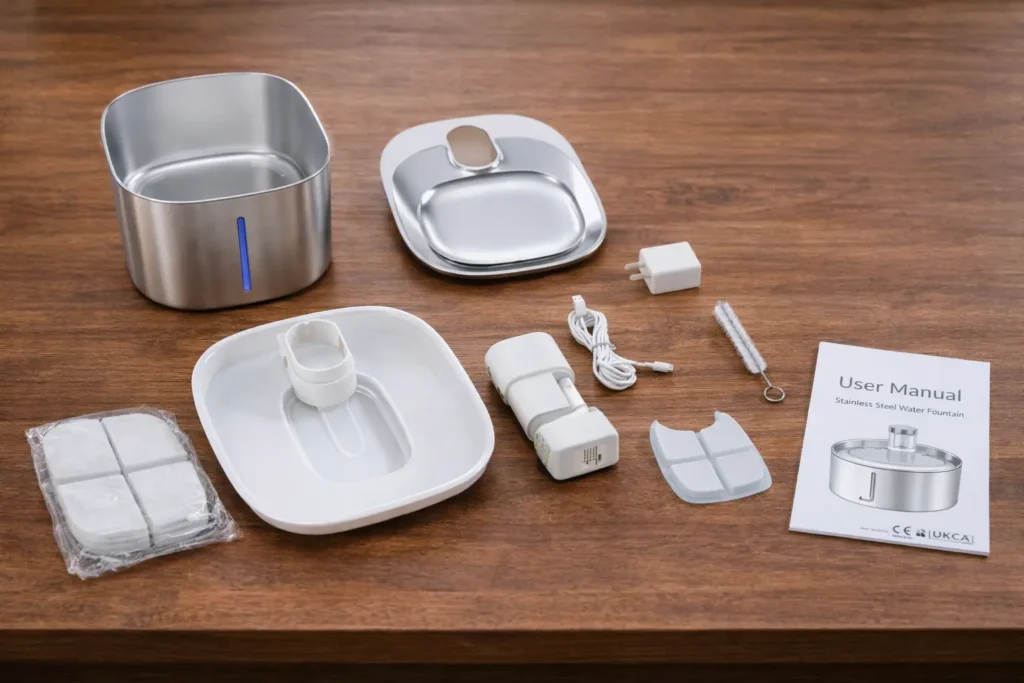 Contenido de la caja APETDOLA 4L: depósito de acero, bomba de inducción y filtros