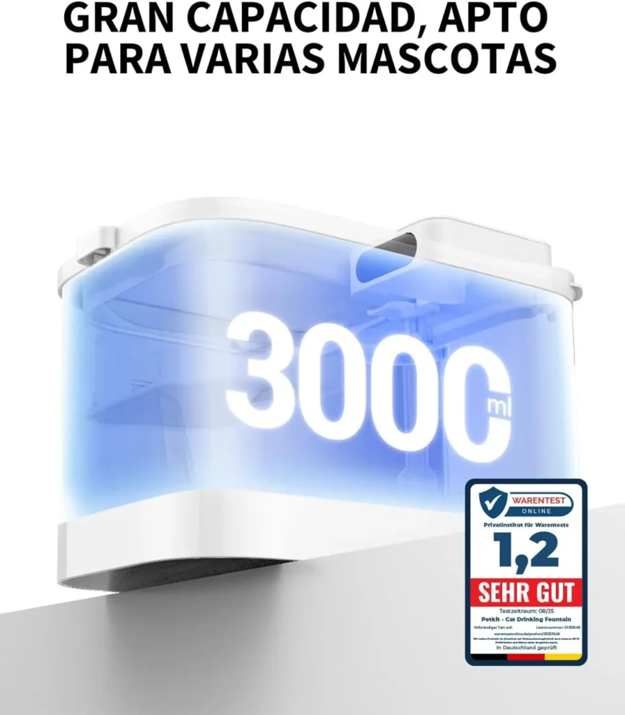 Fuente de agua para gatos con gran depósito de 3 L – almacenamiento de agua fresca silenciosa