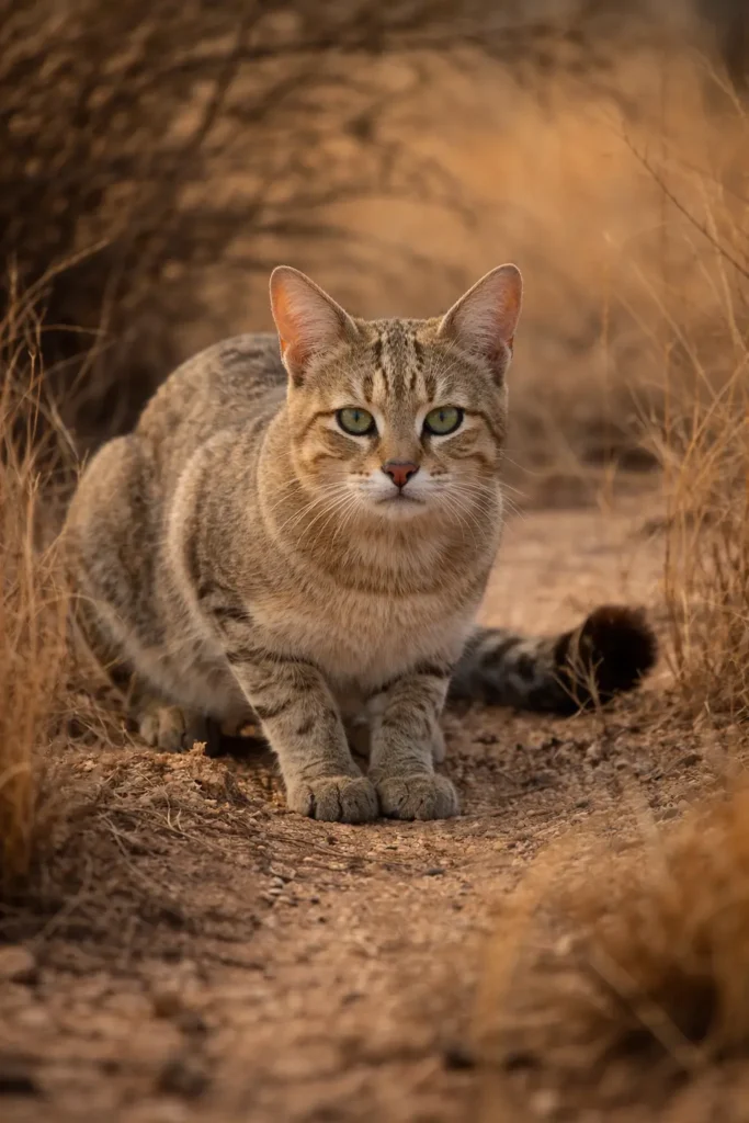 Felis lybica caminando por la sabana africana, ancestro salvaje del gato doméstico