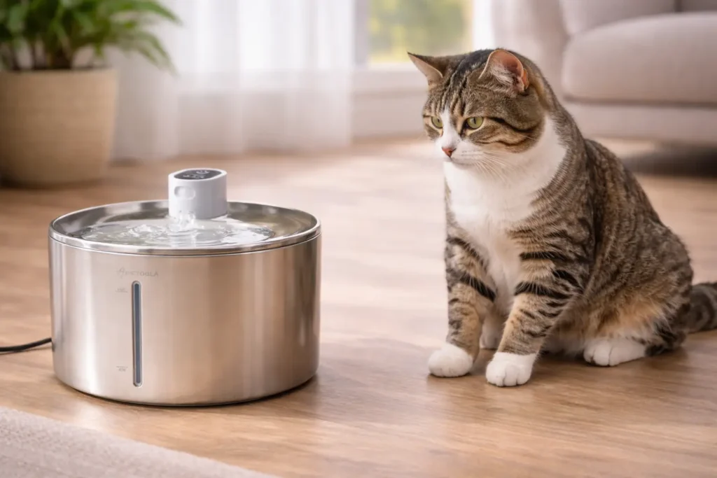 Gato bebiendo de fuente APETDOLA inalámbrica de acero inoxidable ideal para prevenir acné felino