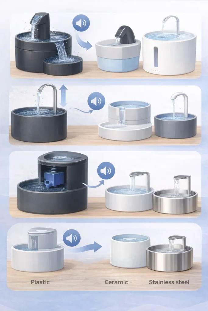 Guía visual de fuentes de agua para gatos con tipos, beneficios y características