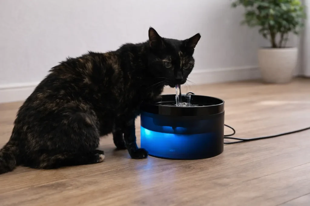 Gato bebiendo de una fuente automática para gatos GIOTOHUN con chorro de agua en movimiento