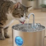 Gato bebiendo de una fuente de agua de acero inoxidable para prevenir el acné felino