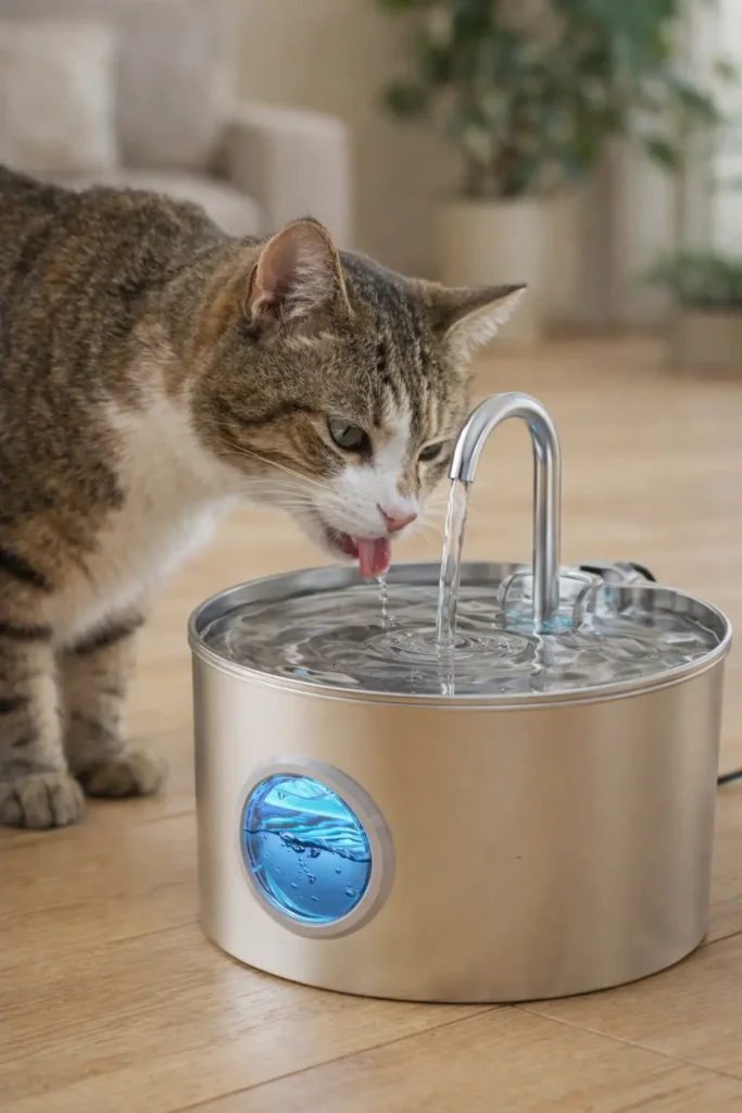 Gato bebiendo de una fuente de agua de acero inoxidable para prevenir el acné felino