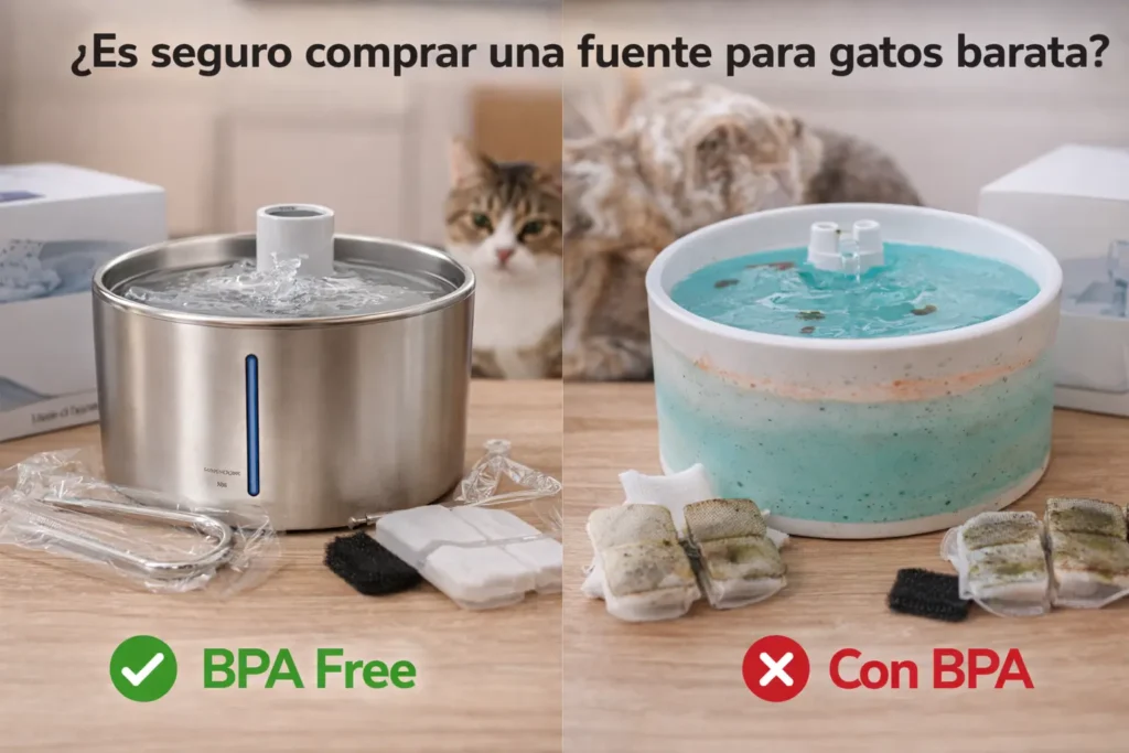 Comparación entre fuente para gatos de plástico barato y fuente BPA free más segura e higiénica