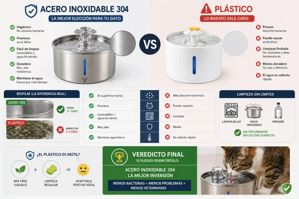 Comparación entre fuente para gatos de acero inoxidable 304 y fuente de plástico mostrando diferencias de higiene