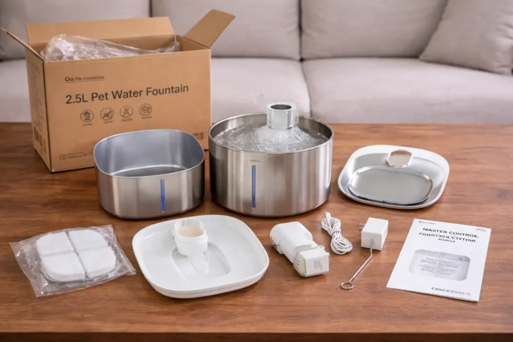Fuentes para gatos de acero inoxidable desmontadas mostrando sus piezas para limpieza