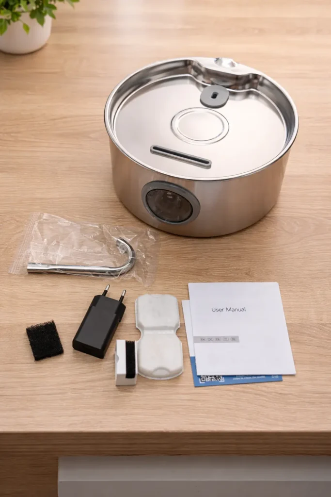 Unboxing de fuente para gatos de acero inoxidable mostrando contenido de la caja y accesorios